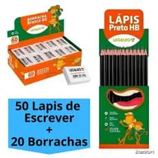Kit 50 Lápis de Escrever Preto + 20 Borracha Escolar Branca N60 Escolar Leo&Leo