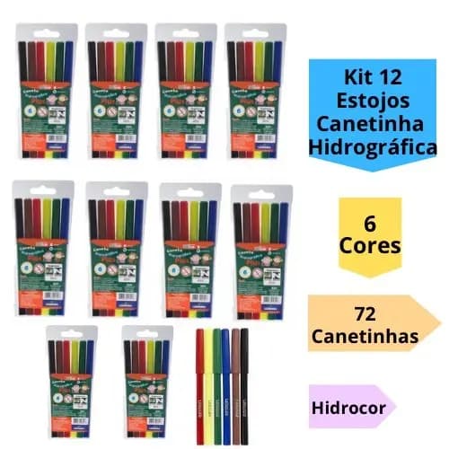 Kit 12 Estojos Canetinha Hidrográfica 6 Cores Hidrocor 72 Canetinhas Infantil Escolar Leo&Leo