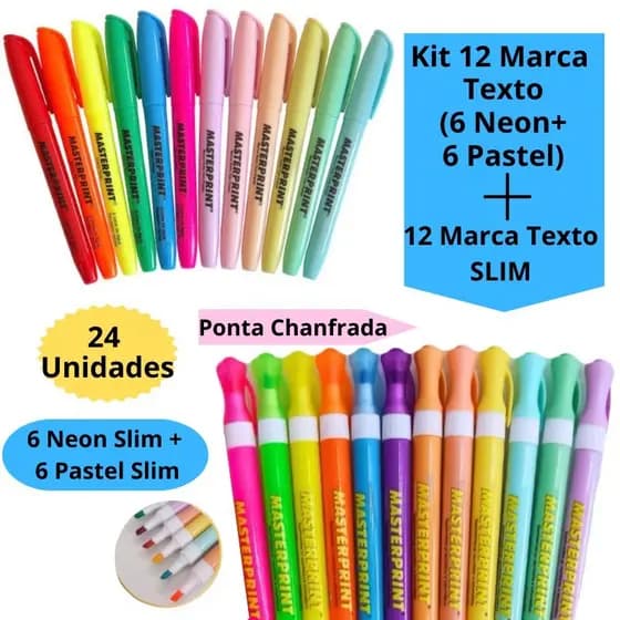 Kit 12 Marca Texto (6 Neon + 6 pastel) + 12 Marca Texto Slim (6 Neon + 6 pastel) Ponta Chanfrada Escolar Masterprint
