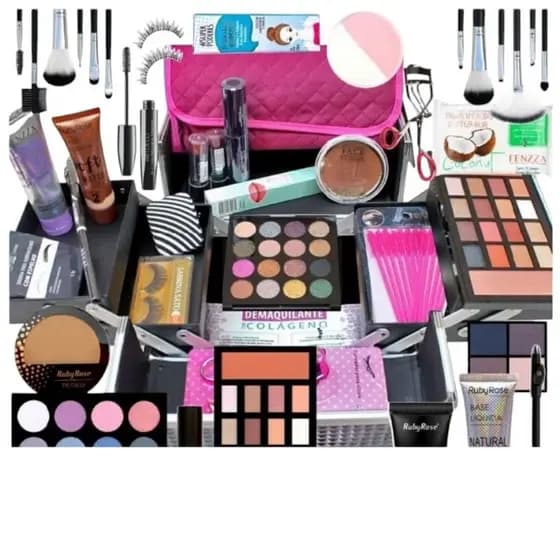 KIT DE MAQUIAGEM COM DE ITENS BLOGUEIRA,COM  10 itens BASE,BLUSH,PINCEL E MUITO MAIS(obs não acompanha a maleta)