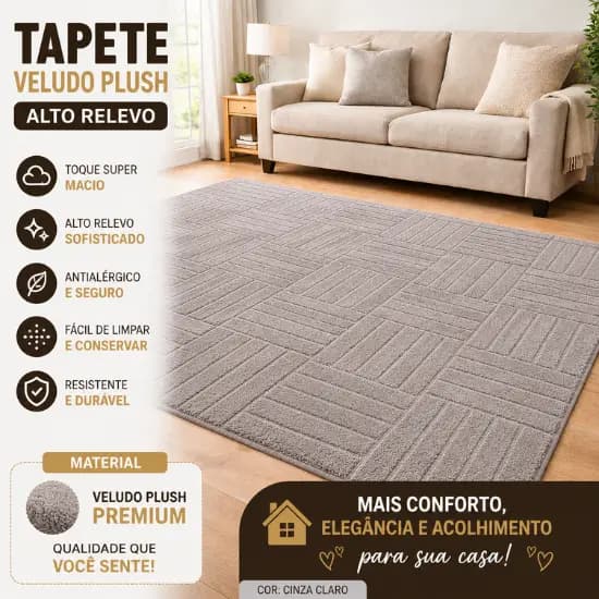 Tapete Sala Luxo 2,00x1,40tm Veludo Plush Alto Relevo Antialérgico Macio Moderno Decorativo Premium