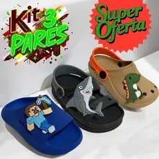 Kit 3 Pares Sandália Babuche Papete Nuvem Promoção Infantil Menino Dinossauro Steve Tubarão