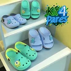 Kit 4 Pares Sandália Babuche Chinelo Nuvem Infantil Menino Monstros Verde Macio Confortável Promoção