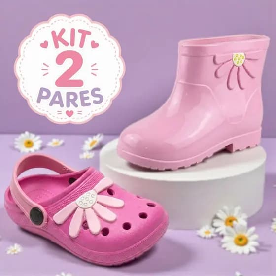 Kit 2 Pares Infantil Menina Galocha e Babuche Leve e Delicado