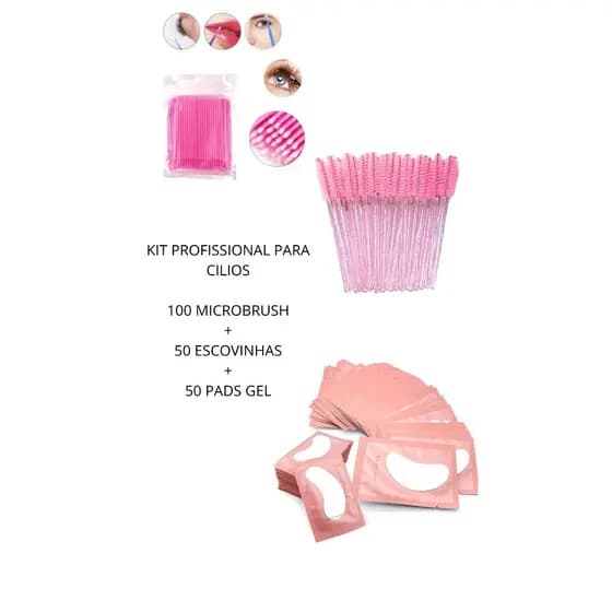 KIT PROFISSIONAL CÍLIOS 100 microbrush + 50 Escovinhas + 50 Pads Gel Pink