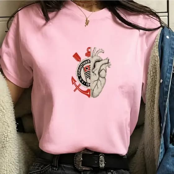 Camiseta Timão Feminina Rosa Tshirt Blusa Feminino Algodão Menina Promoçao