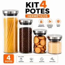 Kit 4 Potes De Vidro Herméticos Para Mantimentos Temperos E Condimentos Tampa Inox - Casutil
