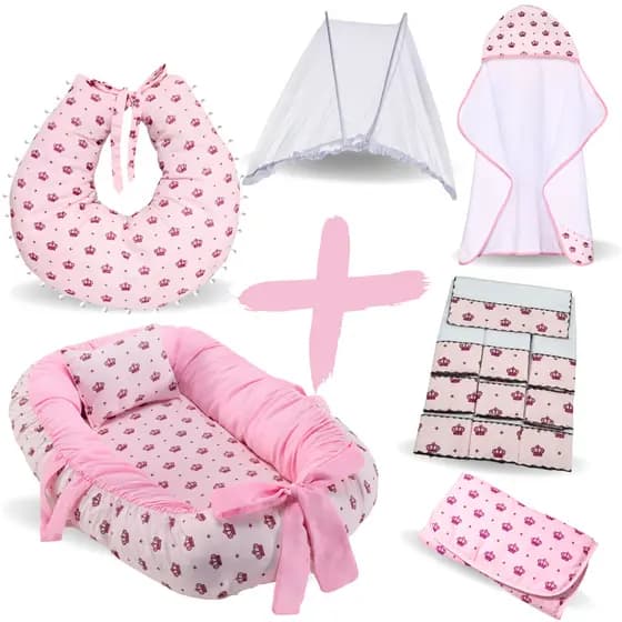 Kit Toalha Bebê + Ninho Redutor + Almofada + Trocador Portátil + Mosquiteiro +Fralda de Boca