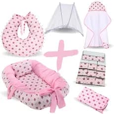 Kit Toalha Bebê + Ninho Redutor + Almofada + Trocador Portátil + Mosquiteiro +Fralda de Boca