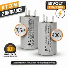 Kit 2 Capacitor 7,5uf 400V Ventilador Exaustor Bombas Compatível Lorensid Ventidelta 3 pinos