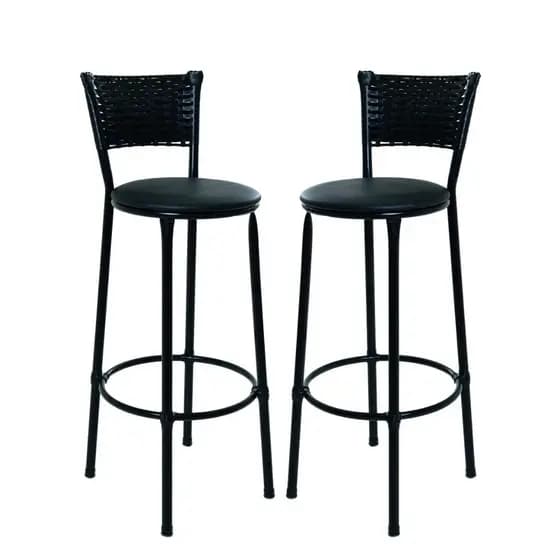 Kit de 2 Banquetas Alta De Fibra Sintética Preto Balcão Casa Bar Lazer Junco Vime
