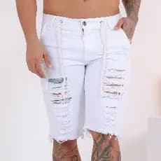 Bermuda Jeans Masculina Branco Destroyed sem Lycra Short Masculino Jeans Rasgado Outlet de Fábrica