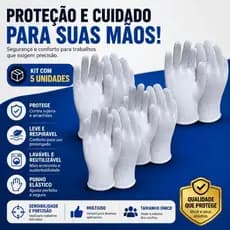 Kit 5 Luvas Brancas de Proteção Multiuso Reutilizável Anti Sujeira Anti Arranhões Profissional