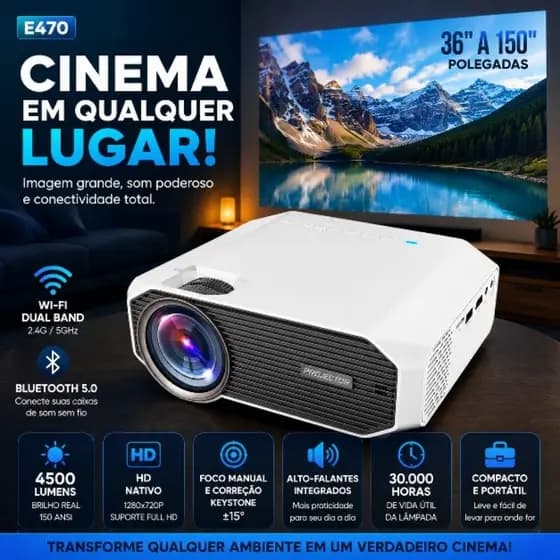 Projetor Portátil WiFi Bluetooth E470 HD 720p 4500 Lumens Tela 150" Android iPhone
