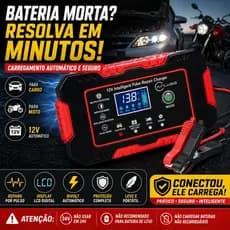 Carregador de Bateria 12V 6A Inteligente Bivolt LCD Automático Carro Moto com Reparo