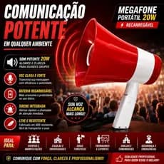 Megafone Portátil 20W Recarregável com Sirene Gravação e Reprodução Profissional