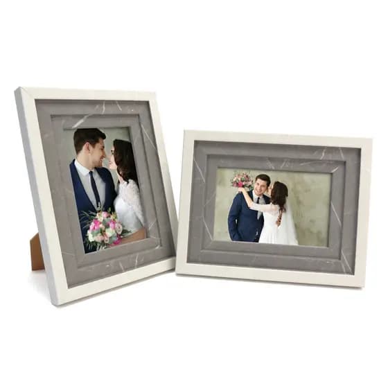 Kit 2 Porta Retratos 10x15 Cor Cinza Moldura Estilo Mármore Com Vidro