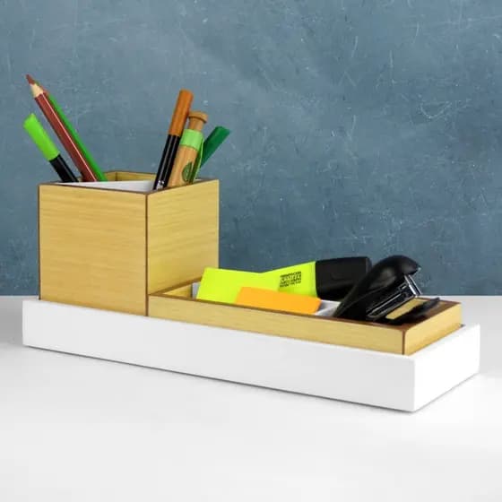 Organizador De Mesa Para Escritório Madeira Natural - Branco