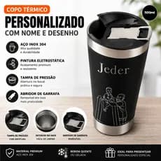 Copo Térmico Personalizado Inox 500ml com Tampa Abridor | Presente Casal e Pai Filha