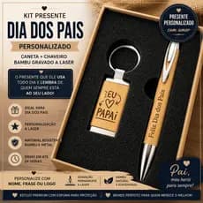 Kit Presente Dia dos Pais Personalizado | Caneta e Chaveiro Bambu Gravado a Laser | Brinde para Pai