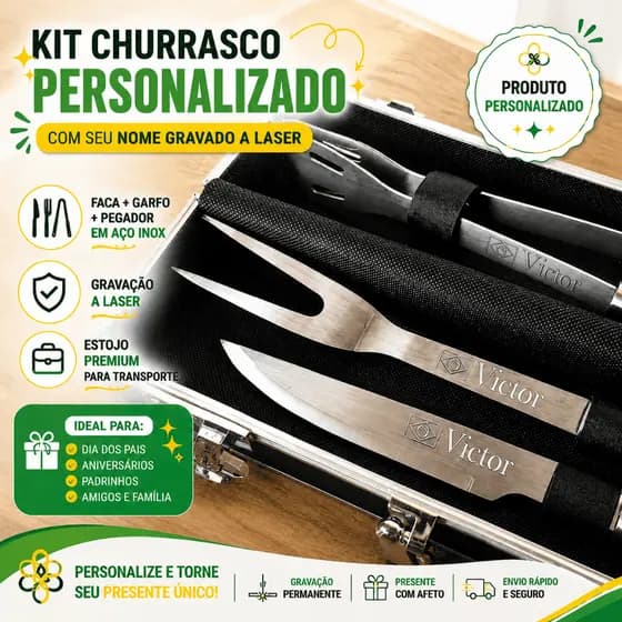 Kit Churrasco Personalizado Gravado a laser 3 Peças Inox com Maleta Alumínio | Presente Masculino
