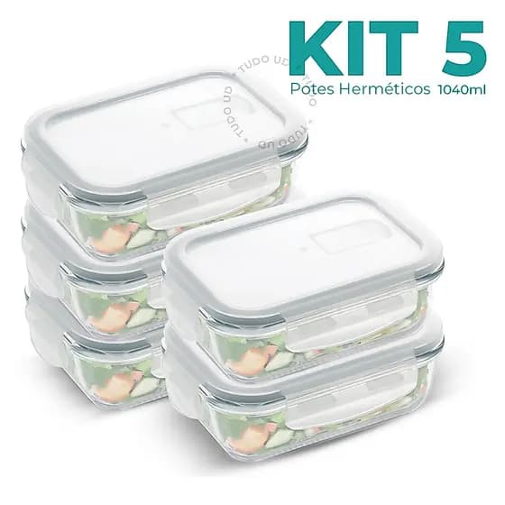 Conjunto 5/6/10 Potes 1040ml Marmita Vidro Hermético 4 Travas Com Vávula