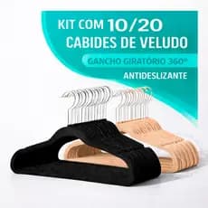 Kit 10/20 Cabides Aveludados Adulto De Veludo Antideslizante Com Gancho Giratório 360° Preto Bege