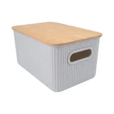 CESTA RETANGULAR CINZA COM ALÇA E TAMPA EM BAMBU 29507 - L'HERMITAGE