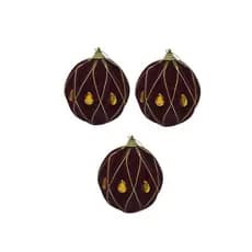 CONJUNTO COM 03 BOLAS CAMURÇA VINHO COM LOSANGO DOURADO 10CM - MASTER CHRISTMAS
