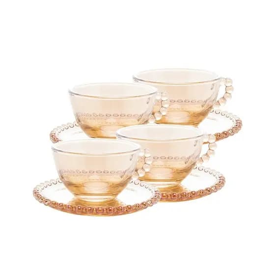 CONJUNTO 4 XÍCARAS CHÁ CRISTAL COM PIRES PEARL ÂMBAR 180ML - WOLFF