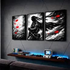 Quadros Decorativos Samurai Japonês Pétalas Preto Branco Sala Hall Quarto