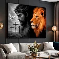Quadro Decorativo Painel Leão de Judá Jesus Pomba Branca Sala Quarto 110x80