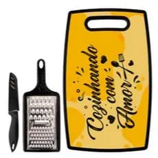 Kit Cozinha 03 Peças - Tábua, Ralador e Faca - Moderno, Prático, Econômico