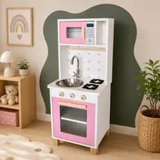 Mini Cozinha Infantil Pia Fogão Microondas Madeira Faz de Conta Chef Brinquedo Kit Livro Educativo
