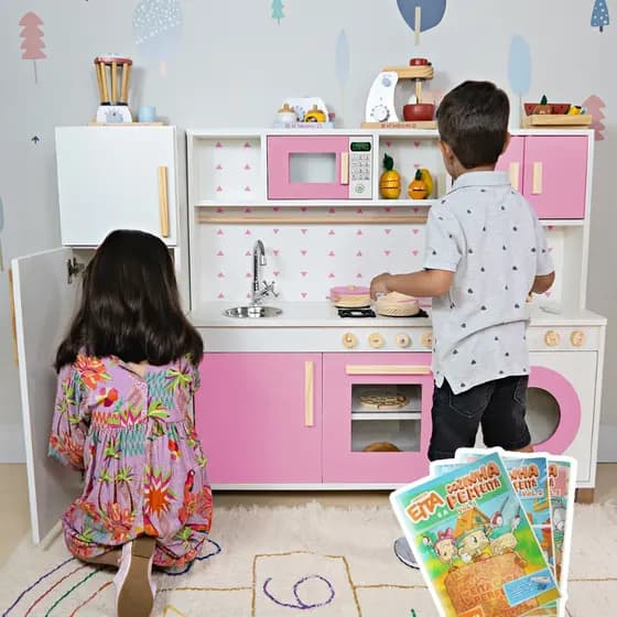 Cozinha Infantil Completa Geladeira Máquina Lavar Madeira Faz de Conta Brinquedo Kit Livro Educativo