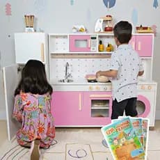 Cozinha Infantil Completa Geladeira Máquina Lavar Madeira Faz de Conta Brinquedo Kit Livro Educativo
