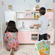 Cozinha Infantil Geladeira Máquina Lavar Madeira Brinquedo Faz de Conta Pedagógico Livro Educativo