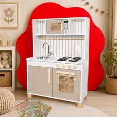 Cozinha Infantil Retro Pia Fogão Microondas Madeira Faz de Conta Chef Brinquedo Criança Kit Livro