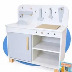 Bancada Ferramentas Oficina Infantil Madeira Brinquedo Pedagógico Faz de Conta Mini Marceneiro Kit Livro Educativo