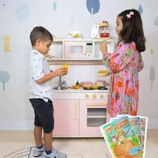 Cozinha Infantil Pia Fogão Microondas Madeira Rosa Bebê Faz de Conta Chef Brinquedo Pedagógico Kit Livro Educativo