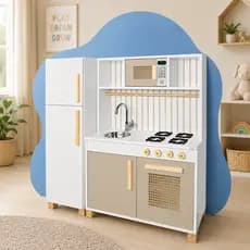 Cozinha Infantil Retro Geladeira Madeira Brinquedo Pedagógico Criança Faz de Conta Chef Montessori Kit Livro Educativo