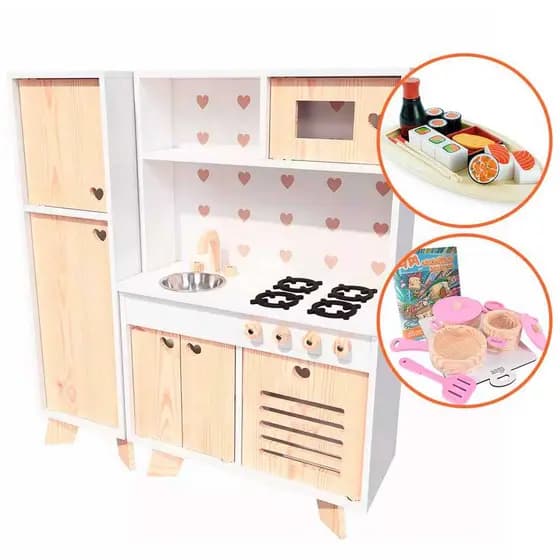 Cozinha Infantil Petit Com Geladeira Panelinha Pinus e Kit Sushi Kit Livro Educativo