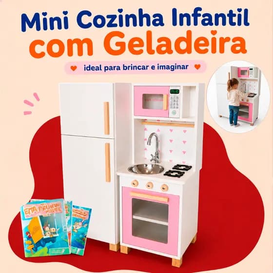 Mini Cozinha Infantil com Geladeira MDF Kit Livro Educativo