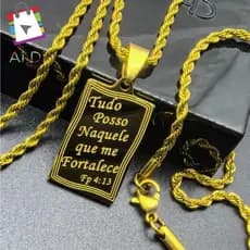 Corrente com Pingente Religioso “Tudo Posso” – Aço Inoxidável 316L Unissex, Dourada ou Prateada