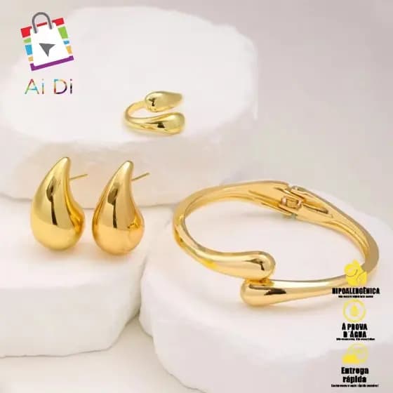 Conjunto Joias Femininas – Bracelete, Brincos e Anel Gota em Dourado e Prata