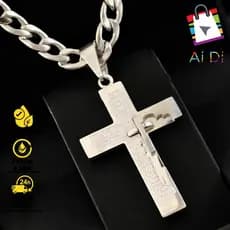 Colar de Aço Inox com Pingente de Cruz Pai Nosso - Corrente Masculina Banhada a Prata, Presente Perfeito