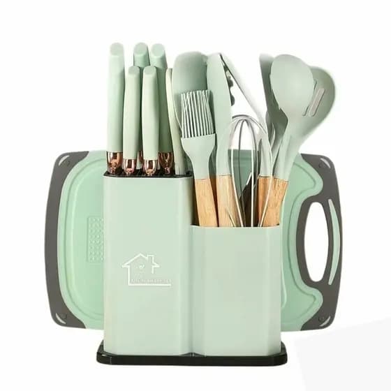 Kit Utensilios Silicone 19 pçs cabo de madeira s/BPA Verde Claro