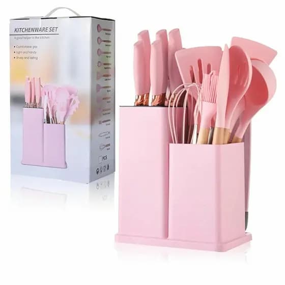 Kit Utensilios Silicone 19 pçs cabo de madeira s/BPA Rosa Claro