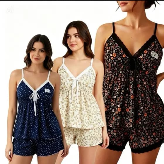 Kit 3 Babydoll Estampado Feminino Malha Fria liganete decotado alcinha