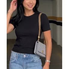 Blusa Feminina Canelada Baby Tee Manga Curta Básica Algodão